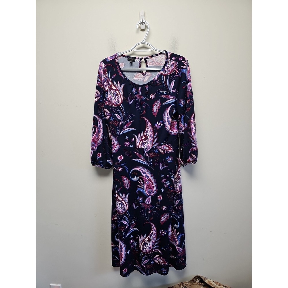 Talbots Women's Midi Navy Knit Jersey Winding Paisley Dress 3/4 Sleeve Size 8